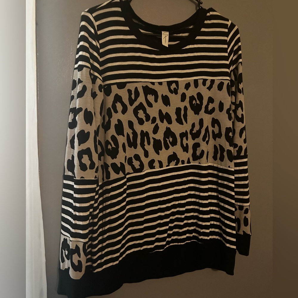 Black and white stripe and leopard print blouse